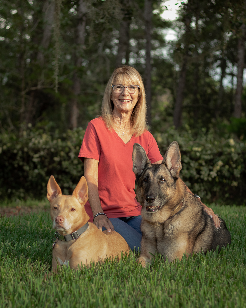 Mary Peter with her dogs Buckshot and Shasta