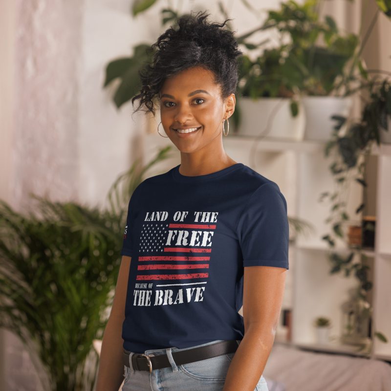 Land of the Free Because of the Brave, American Flag, Short-Sleeve Unisex T-Shirt - Image 2