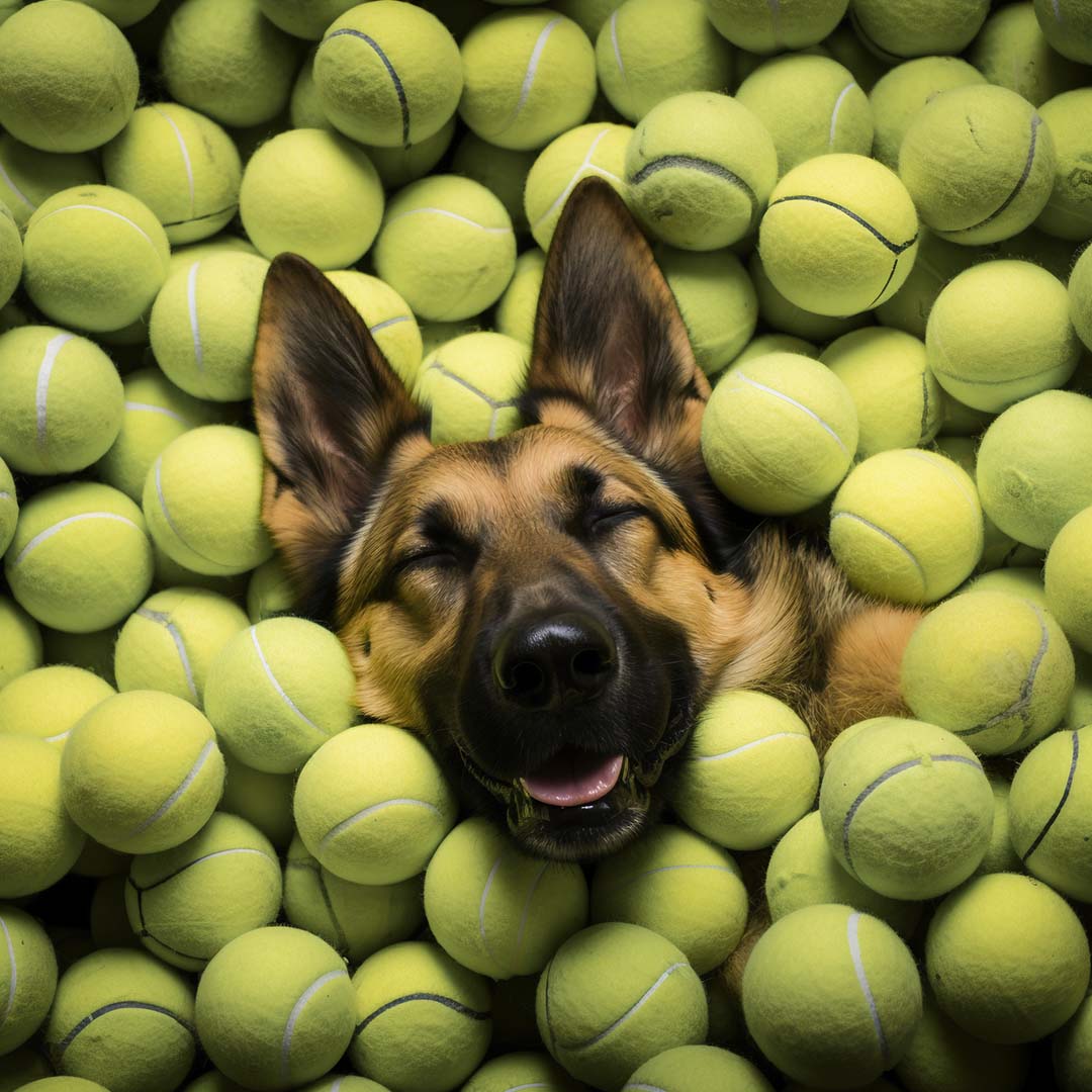 WishList Smiling German Shepherd in Tennis Balls