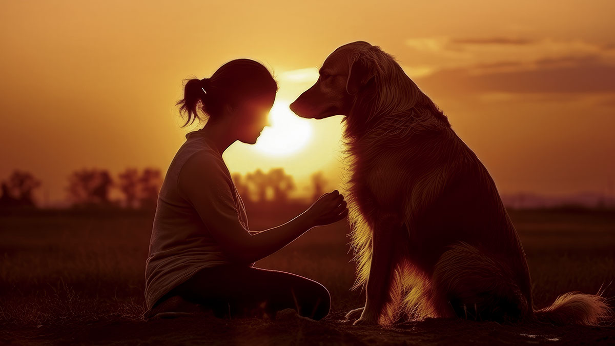 Female and dog sunset silhouette
